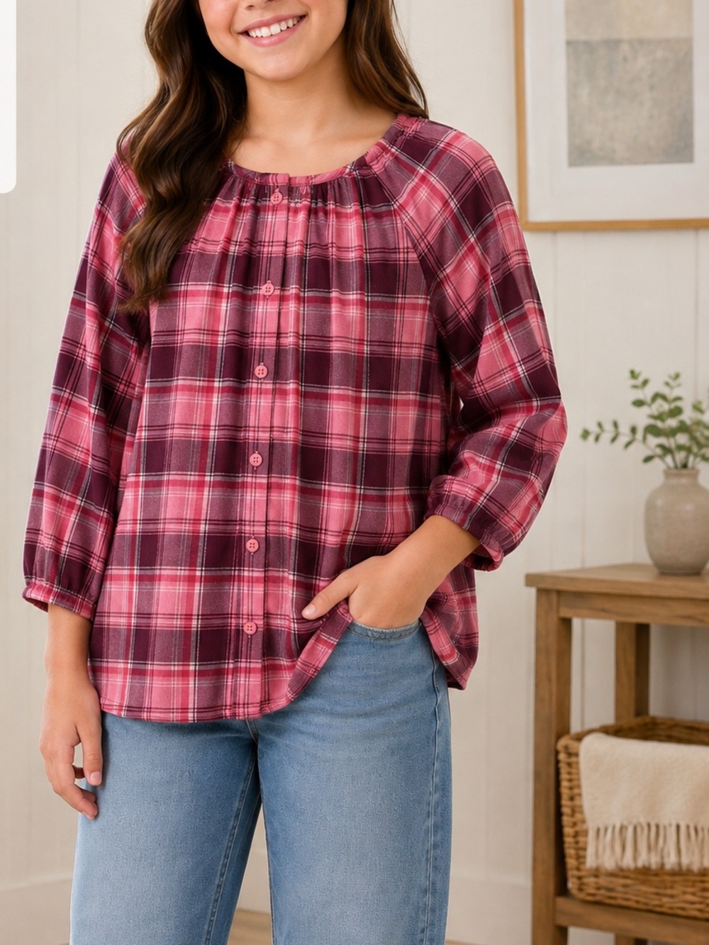 GAP Kids Pink and Burgundy Plaid Button-Up Top